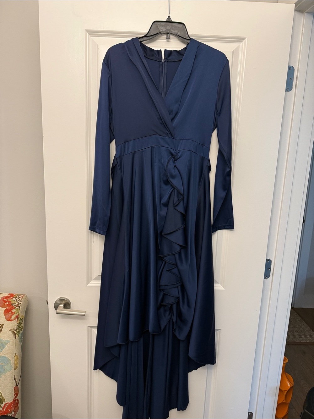 Navy High-Low Ruffle Wrap Dress